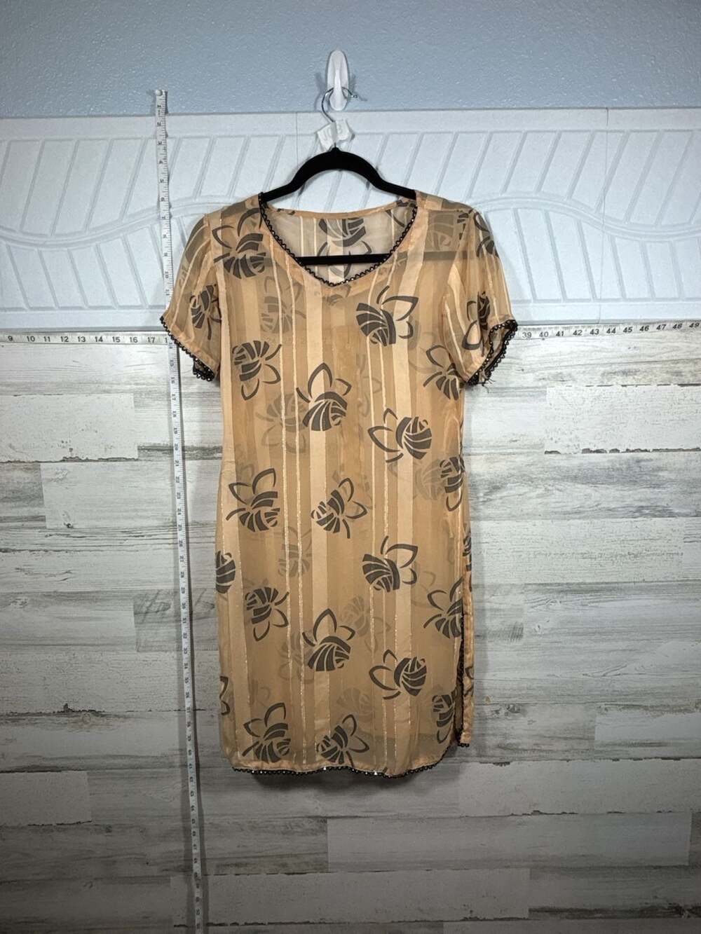 Vintage Sheer Tan & Brown Floral Short Sleeve Midi Dress with Metallic Stripe